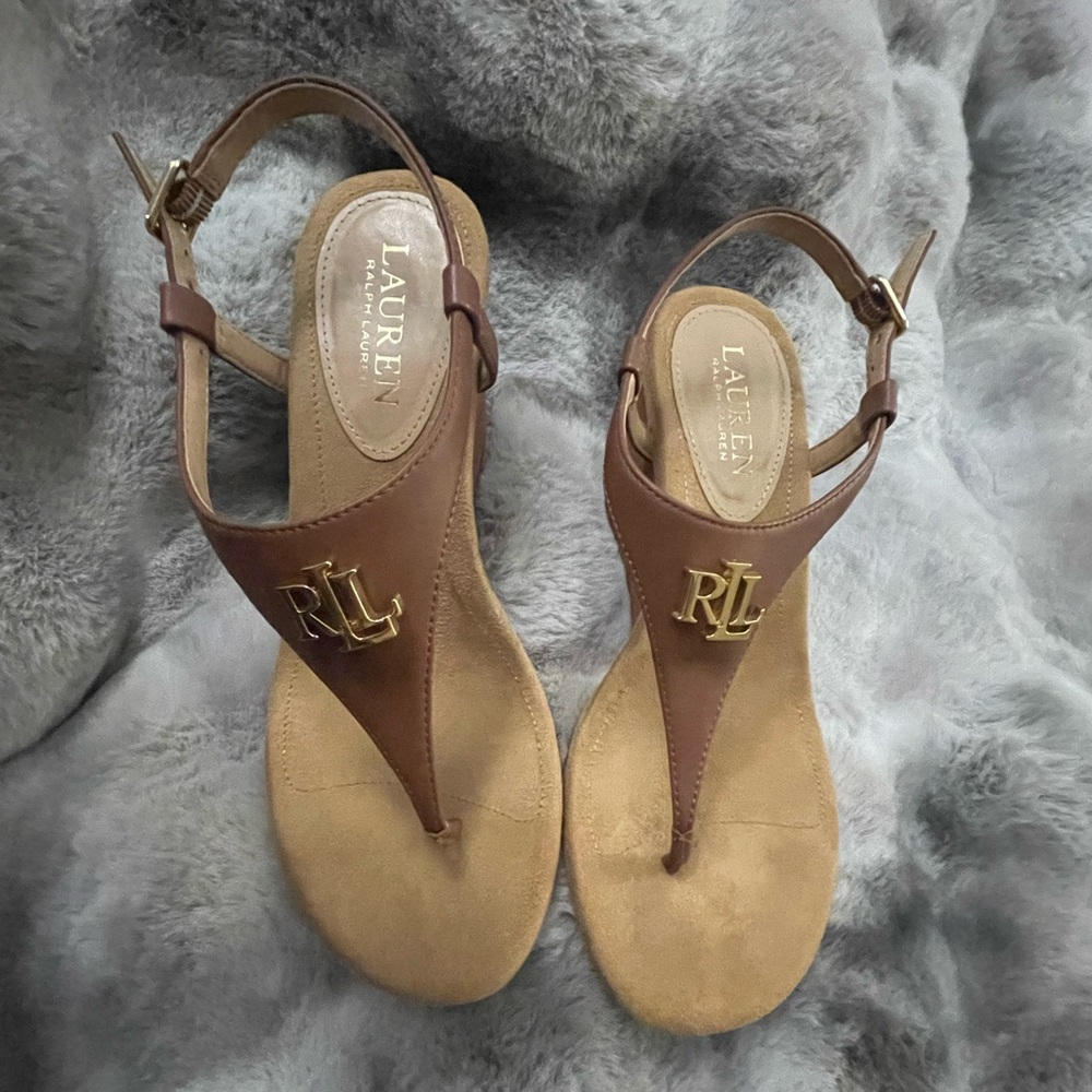 Lauren Ralph Lauren Brown Sandals with Gold Accents Size 7 Like New Condition